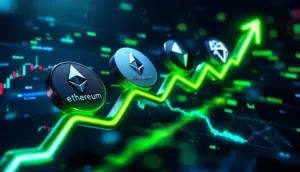 急騰するアルトコインとボリンジャーバンドを示す金融チャートの未来的なイメージ