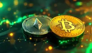ビットコインとカルダノのコインが並び、背景には法案を象徴する光る書類が描かれている未来的な画像
