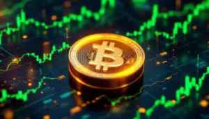 ビットコインのシンボルと上昇する金融チャートが描かれた背景、機関投資家の仮想通貨投資を象徴する画像