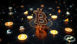 ビットコインのシンボルと伝統的な金融機関のアイコンがネットワークで繋がる未来的なイメージ