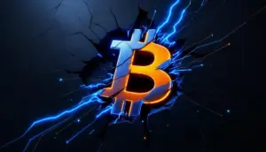 ビットコインのロゴに回路パターンが施され、レイヤー2技術を象徴する未来的なイラスト。