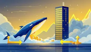 ビットコインのクジラが機関投資家を象徴するビルに変化するイラスト。市場構造の変化を示している。