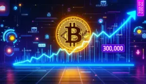 べき乗則の曲線に沿って上昇するビットコインのシンボルと、背景のデータチャート