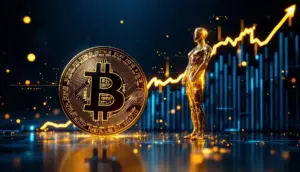 上昇するグラフを背景にしたビットコインとソラナのシンボル