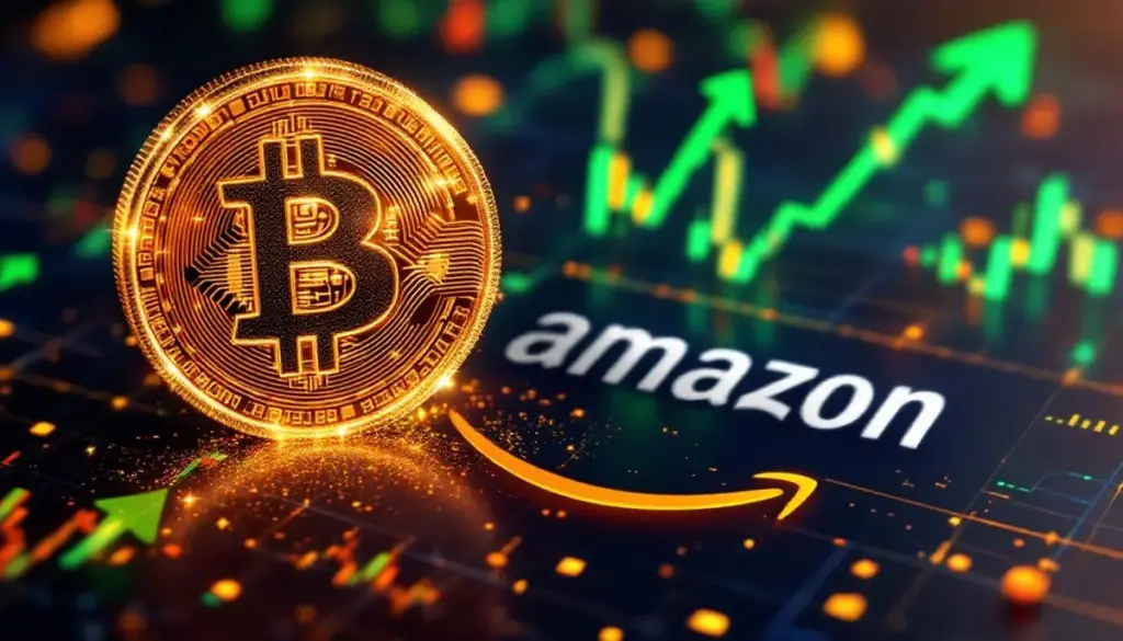 ビットコインのシンボルがアマゾンのロゴを超えて上昇する様子を示す3D画像