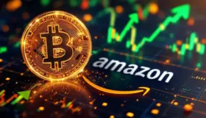 ビットコインのシンボルがアマゾンのロゴを超えて上昇する様子を示す3D画像