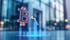 ビットコインのボラティリティ低下と金融機関による採用を示す、安定したグラフとシンボルのイメージ画像