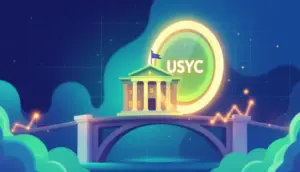 利回り付きステーブルコインUSYCが機関投資家向け金融とデジタル取引の架け橋となる様子のイラスト