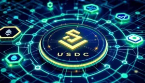 複数のブロックチェーンに接続されたUSDCのシンボルが描かれた未来的なイメージ