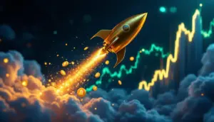 急上昇するロケットと仮想通貨のシンボルが描かれた未来的なイメージ