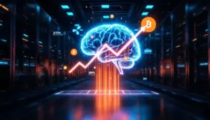 XRPとドージコインのロゴが描かれた、仮想通貨の強気相場を示す未来的なデジタルアート。