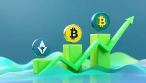 カルダノ、ドージコイン、Bitcoin Hyperのロゴが上昇する仮想通貨チャート