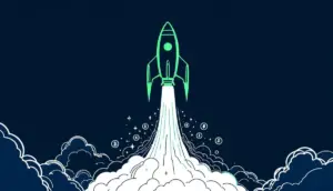 ビットコインやその他の暗号資産のシンボルを噴出しながら上昇するロケットのミニマルなイラスト