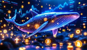 仮想通貨のシンボルが浮かぶデジタル空間を泳ぐクジラの3Dレンダリング画像