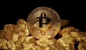 ビットコインのシンボルが描かれ、価格上昇を示すイラスト