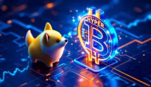 ドージコインとBitcoin Hyperのシンボルが対峙する未来的なイメージ