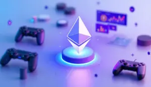 イーサリアムのロゴとゲームコントローラーが融合した未来的な金融戦略を示す画像