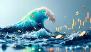 上昇する波として表現されたビットコインとアルトコインのシンボル