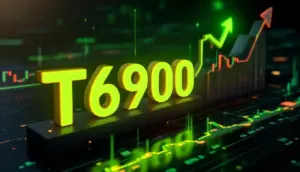 未来的な金融チャートを背景に急上昇するミームコインTOKEN6900のシンボル