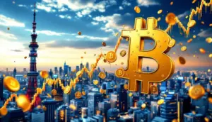 メタプラネットのビットコイン積極購入と株価急騰を示すグラフとシンボルのイメージ