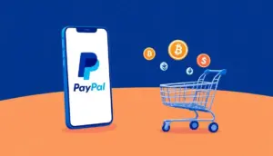 ペイパルのロゴと仮想通貨のアイコンが表示されたスマートフォン。仮想通貨決済を象徴するイラスト