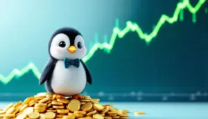 Pudgy Penguinsのキャラクターがコインの上に立ち、背景には高騰を示す緑色のグラフが表示されている。