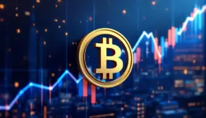 ビットコインのシンボルと上昇する金融チャートを背景にしたリミックスポイントの企業戦略