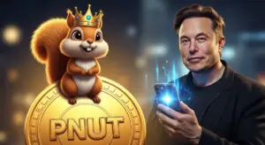 イーロン・マスクのツイートで高騰するミームコインPNUTを象徴するリスと仮想通貨のイメージ