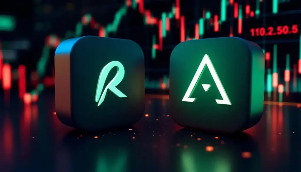 ロビンフッドとArbitrumのロゴが並び、背景に株価チャートが表示されている未来的な画像