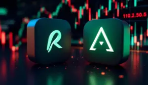 ロビンフッドとArbitrumのロゴが並び、背景に株価チャートが表示されている未来的な画像