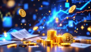 現実世界の資産がブロックチェーン上でトークン化されていく様子を示す未来的なイメージ。