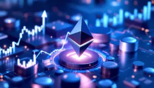 イーサリアムのロゴと上昇する金融チャート