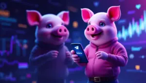 テレグラムとソラナのロゴが光るスマートフォンを操作するSnorter Botのマスコットキャラクター