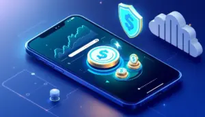 ステーブルコインを管理する暗号資産ウォレットが表示されたスマートフォンのアイソメトリックイラスト