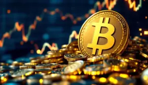 Strategy社のロゴと山積みのビットコイン、背景に上昇するグラフ