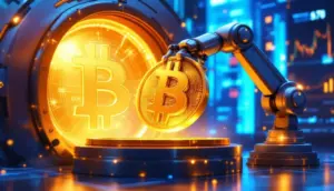 企業の戦略的なビットコイン購入を象徴する未来的なデジタル金庫の画像