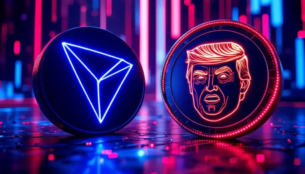 トロン（TRX）のロゴとTRUMPコインのロゴが並び、戦略的提携を示す未来的な背景