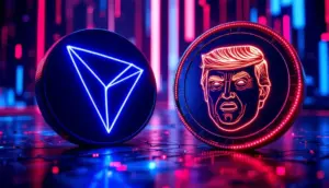 トロン（TRX）のロゴとTRUMPコインのロゴが並び、戦略的提携を示す未来的な背景
