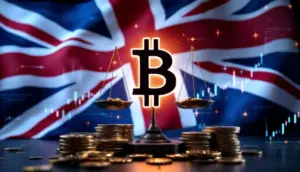 英国旗とビットコインのシンボルが融合したイラスト。政府の財政政策と暗号資産の関係性を象徴している。