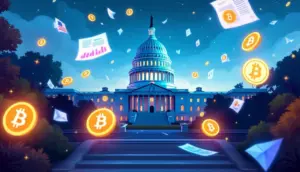 米国議会議事堂を背景に、ドルと仮想通貨が乗った天秤が描かれ、暗号資産規制を象徴しているイラスト。