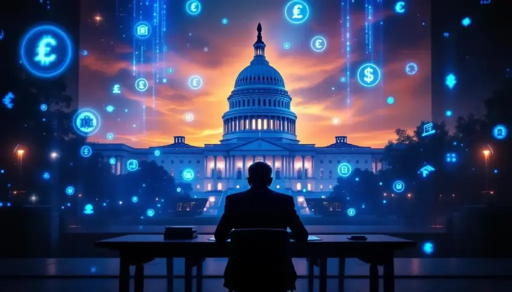 米国のステーブルコイン規制法案「GENIUS法」を象徴する、法律文書と木槌のイラスト