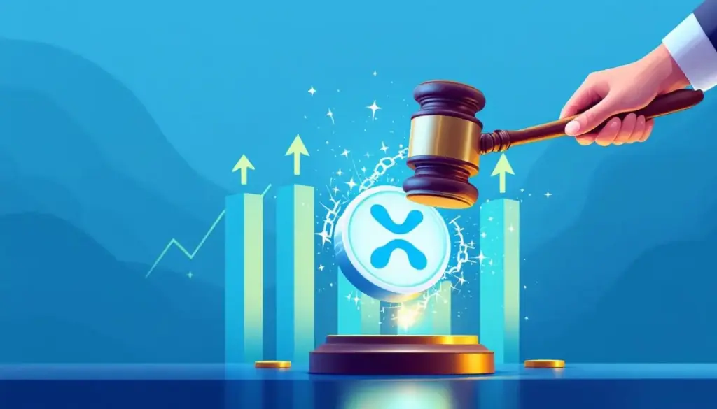 法的問題の解決を象徴するXRPコインと右肩上がりのチャート
