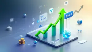 上昇するチャートを背景に輝くXRPのシンボルマークのイラスト
