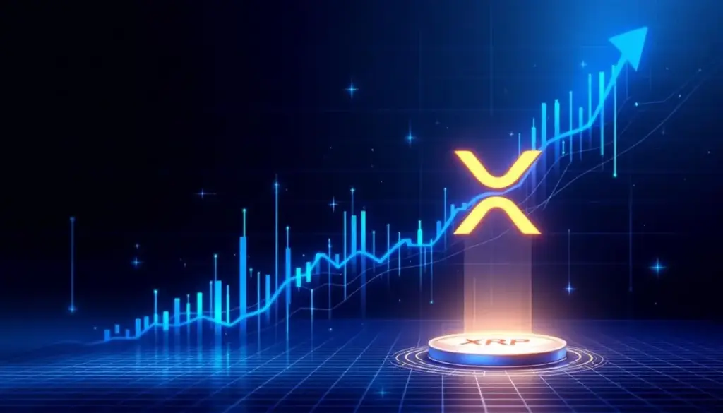 XRPのロゴが未来的なデータストリームの中で上昇していく様子を描いたイラスト