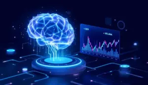 人工知能（AI）が仮想通貨のチャートを分析している未来的なイメージイラスト
