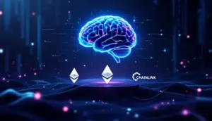 AIがビットコイン、イーサリアム、チェーンリンクの仮想通貨を選んでいる未来的なイメージ