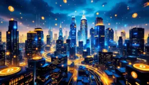 ビットコインの拡張性を象徴する未来都市とブロックチェーンのイメージ