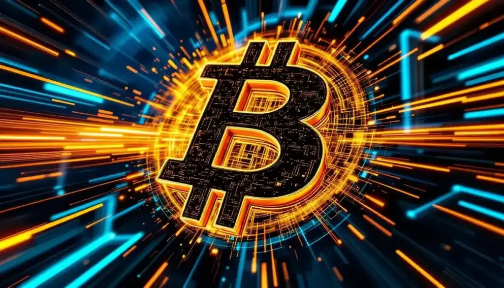 宇宙空間で爆発するように輝くビットコインのロゴ。新しい仮想通貨の未来を象徴する。
