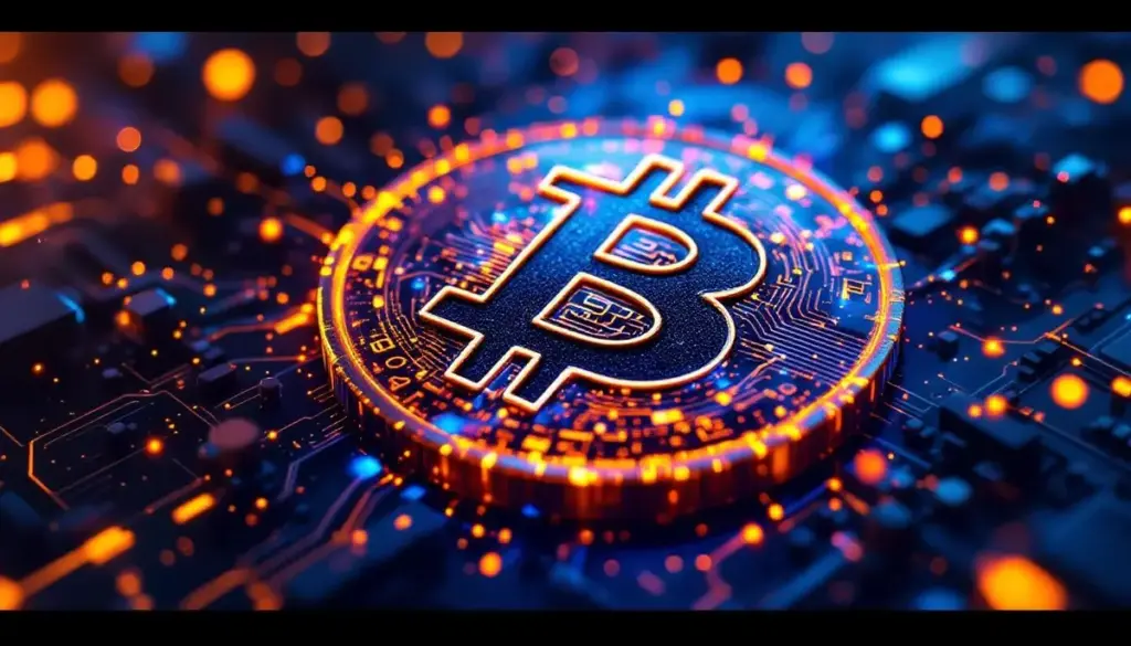 結晶化し、未来的な光を放つビットコインのロゴ。今後の価格上昇を象徴している。