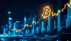 ビットコインの価格上昇を象徴する未来的な金融グラフとシンボル